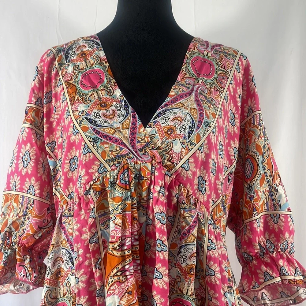 Pink multi colored hanker chief dress,V neck,tie in back,floral print,mid sleeve - Picture 6 of 12